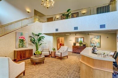 Bright common area with seating and decor