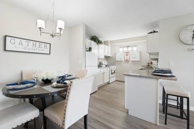 Bright modern kitchen area with dining table
