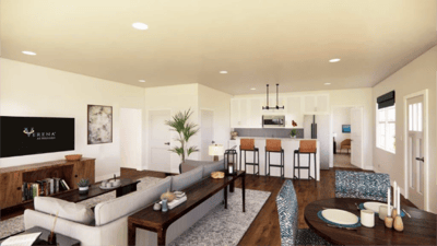 Bright interior common area with a kitchen and living space