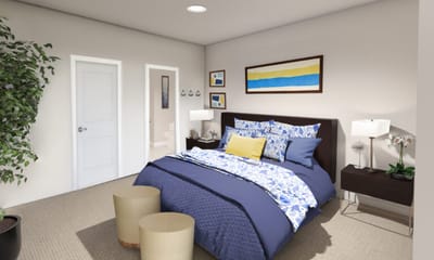 Cozy interior of a resident room with bed and decor