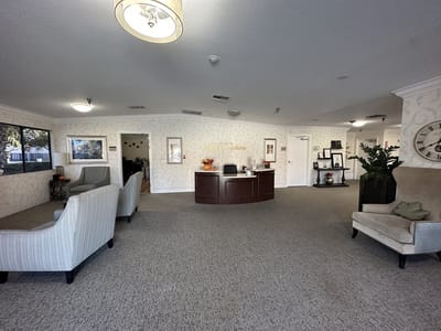 Interior view of a lobby with seating and reception desk