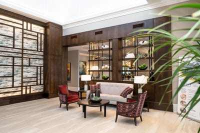 Interior view of a stylish common area with seating