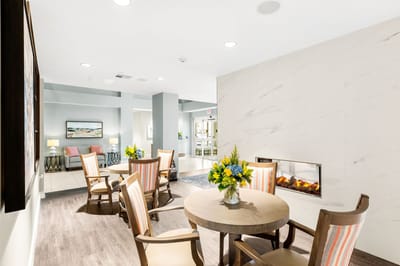 Interior view of a cozy common area with seating