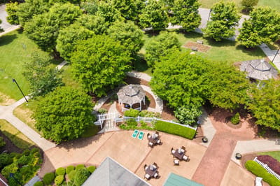 Aerial view of landscaped outdoor space with gazebo