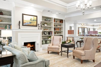 Cozy common area with comfortable seating and a fireplace