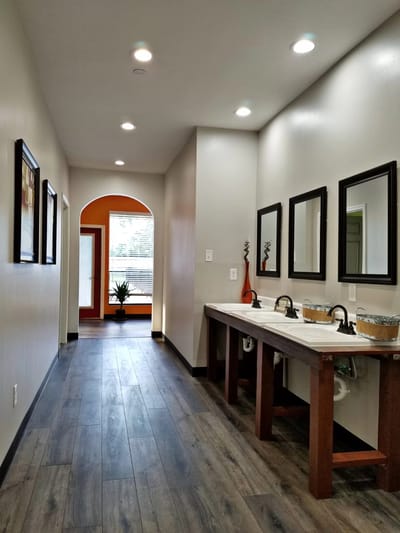 View of a well-lit hallway with mirrors and a plant
