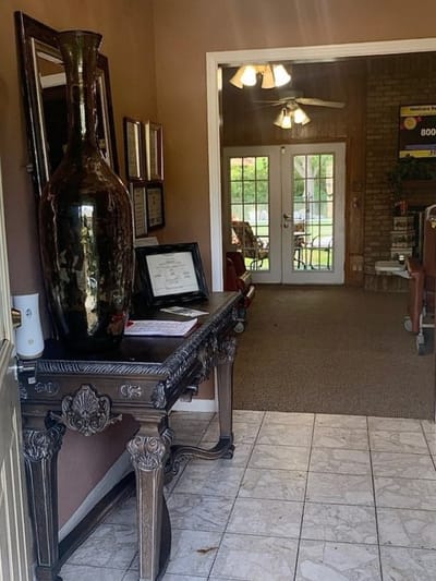Interior view of the facility entrance with decor