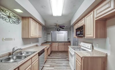 Interior view of a kitchen in a senior living facility