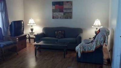 Cozy living room area with couches and lamps