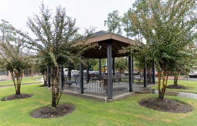 Outdoor gazebo in a landscaped area