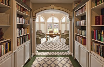 Interior view of a library with bookshelves