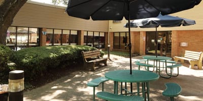 Outdoor seating area with umbrellas and benches