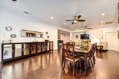 Common area with dining table and seating