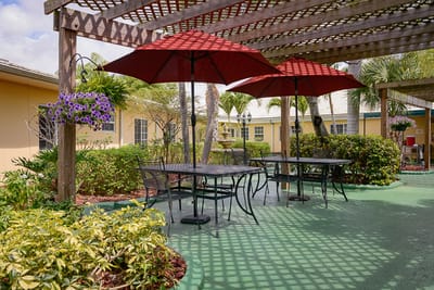 Outdoor seating area with umbrellas and plants
