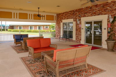 A welcoming lobby area with outdoor seating