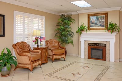 Cozy lobby area with seating and decorations