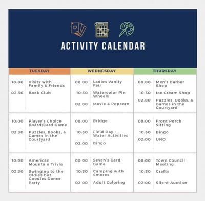 Activity calendar for senior facility events