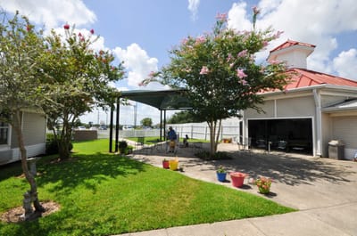 Residents enjoying a garden area with seating