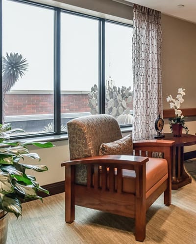Cozy seating area in a bright common room