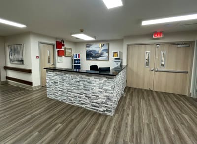 Reception area of a nursing home with modern decor
