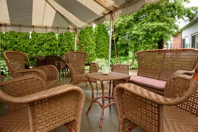 Outdoor seating area under a canopy