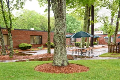 Outdoor area with seating under umbrellas