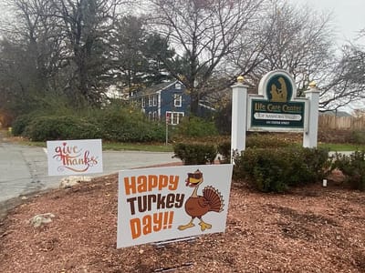 Entrance of the Life Care Center with holiday signs