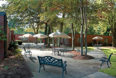 Outdoor courtyard with benches and umbrellas