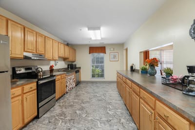Bright kitchen with wooden cabinets and modern appliances
