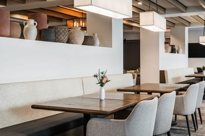 Modern dining area with tables and decor