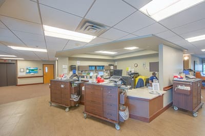 Staff member at a nursing station in a healthcare facility
