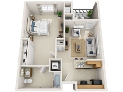 Architectural floor plan of a one-bedroom unit