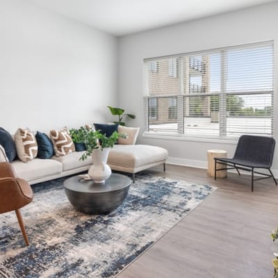Bright, modern living room with cozy seating