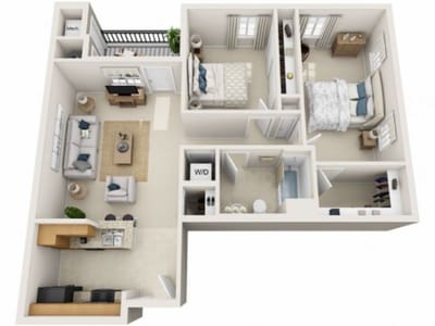 Architectural floor plan of a two-bedroom unit