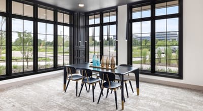 Bright interior dining area with large windows