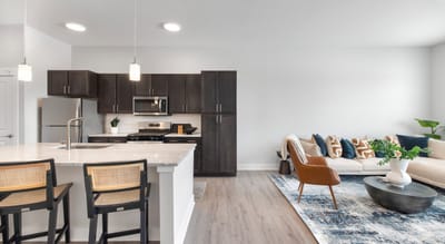 Modern interior living space with kitchen and seating area