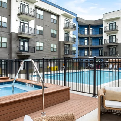 View of a pool area with surrounding buildings