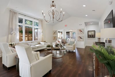 Bright common area with seating and artwork