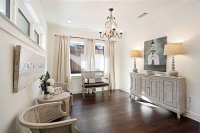 Bright common area with seating and decor