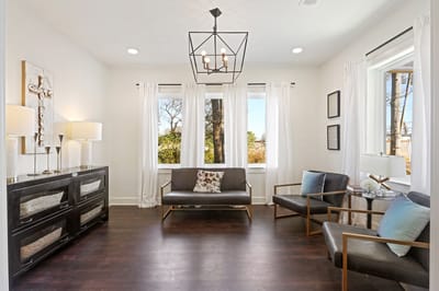 Bright, modern common area with seating and decor