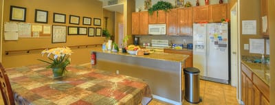 Bright kitchen space with granite countertops and plants