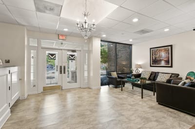 Interior view of a lobby with seating and decor