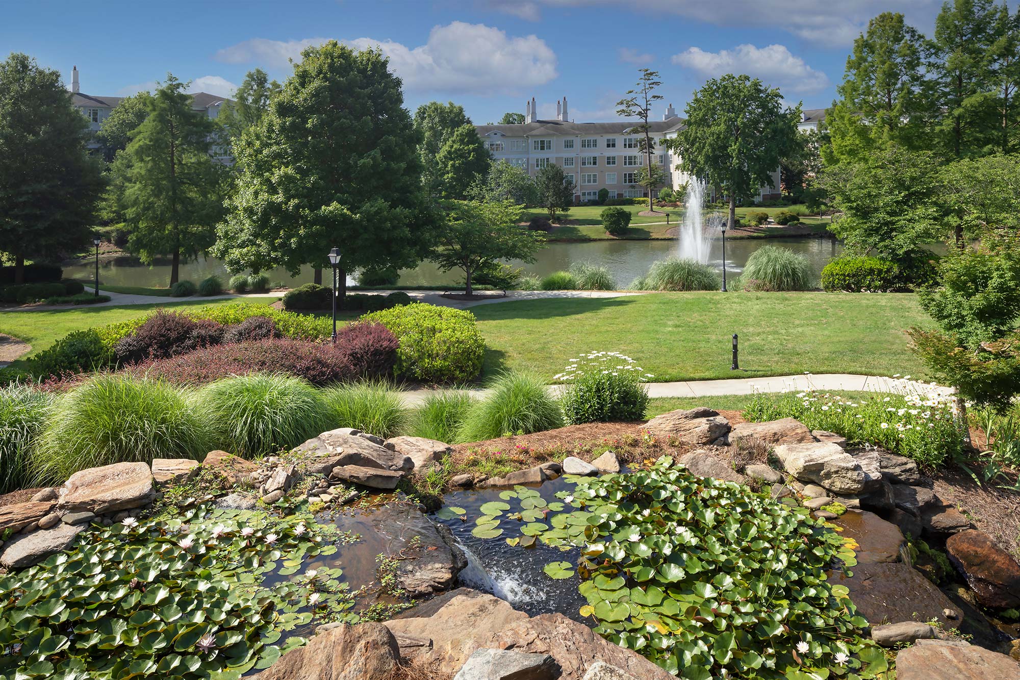 Lush outdoor garden area with pond and fountain