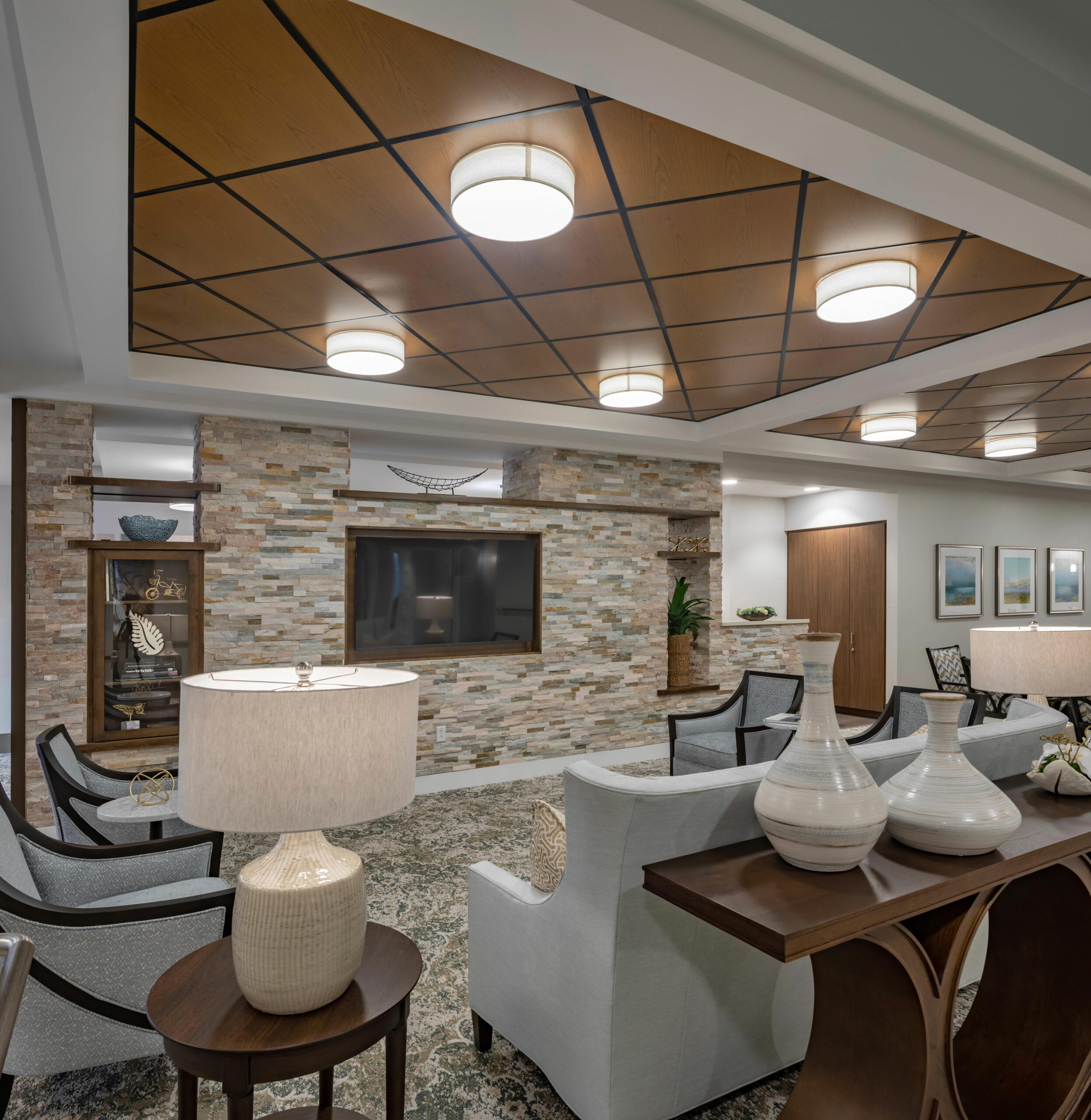Bright common area with comfortable seating and decor