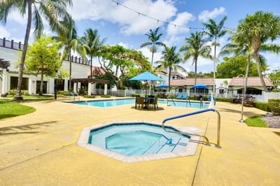Swimming pool area with palm trees and lounge chairs