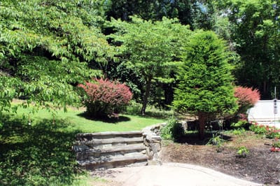Lush garden area with walkways and trees