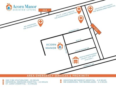 Acorn Manor Assisted Living, assisted living in The Woodlands, TX — Map of Acorn Manor Assisted Living and nearby emergency services