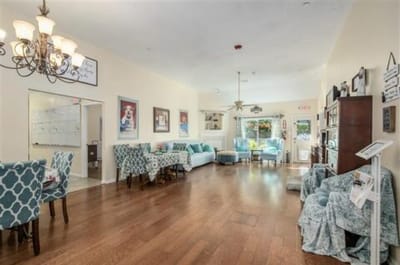 Bright common area with seating and decor