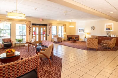 Bright common area with seating and decor