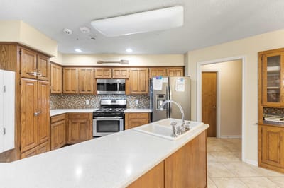 Kitchen area with modern appliances in a senior living facility